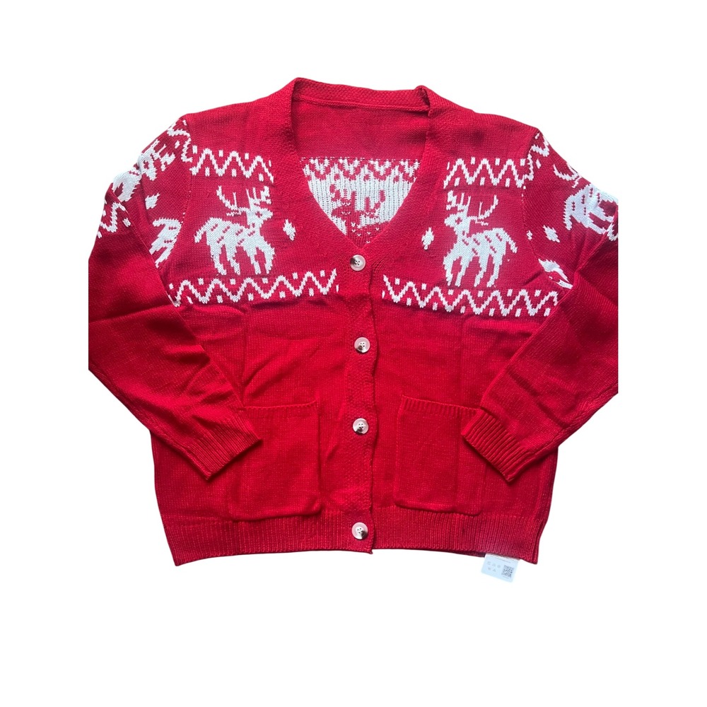 Women Red Reindeer Holiday Cardigan Sweater V-Neck Button Front XL